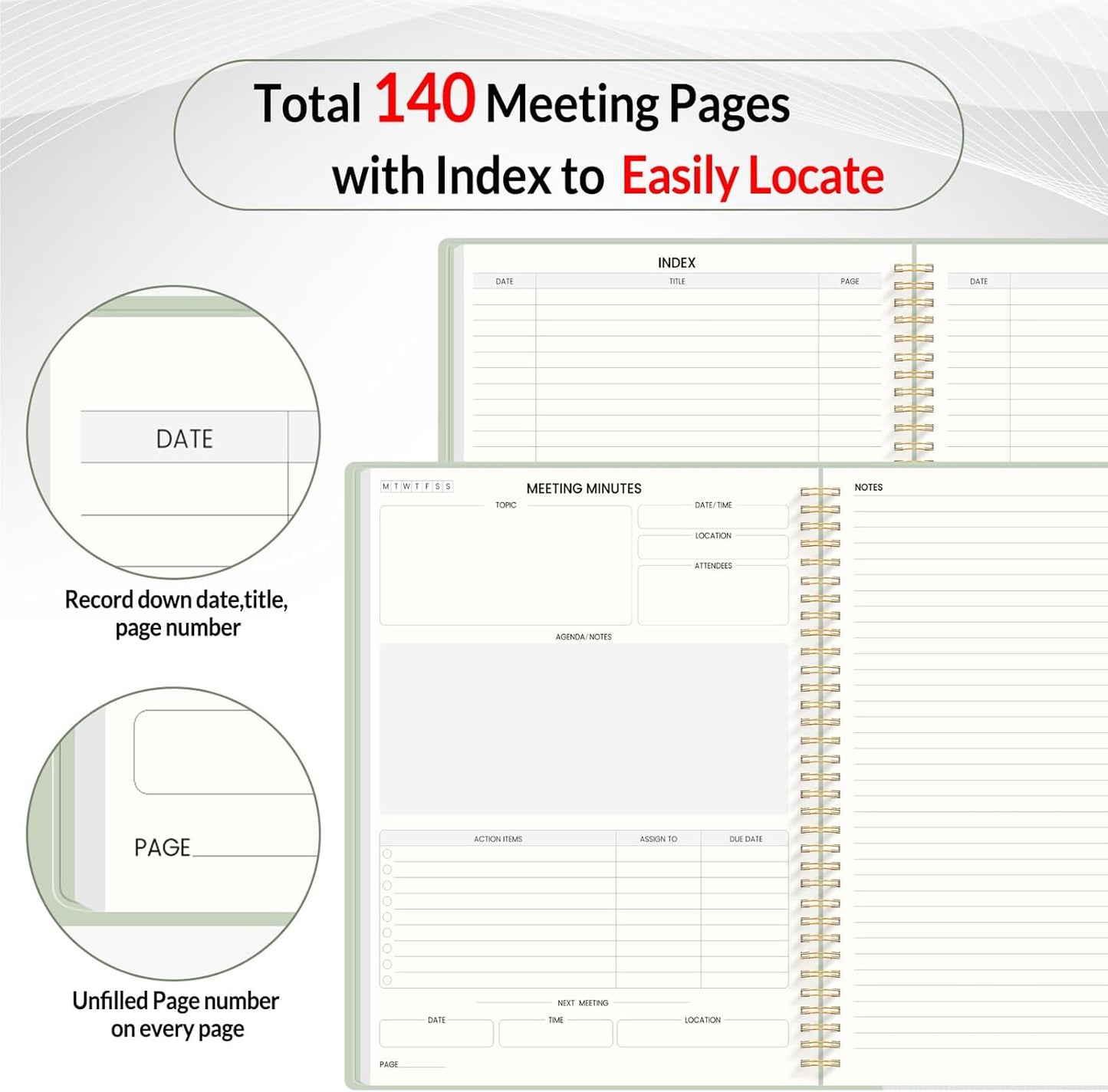 SUNEE Half Meeting Half Note 8.5"x11" Notebook for Work – 140 Pages, A4 Size Project Planner for Women&Men, Minutes Organizer for Meeting Notes, Ideas for Office/Business, PVC Waterproof Cover, Green