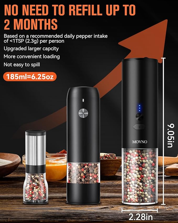 MOVNO Circuit Protection Electric Salt and Pepper Grinder Set With USB Rechargeable Adjustable Coarseness & LED Light, Large Capacity Automatic Electric Salt and Pepper Shakers Mill Set Refillable