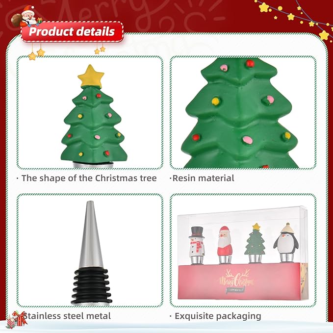 4 Pack Christmas Wine Stoppers Set, Resin Wine Bottle Stoppers for Winter Decor Holiday Wedding Christmas Party Supplies, Wine Accessories Gift for Hostess - Wine Bottle Corkers