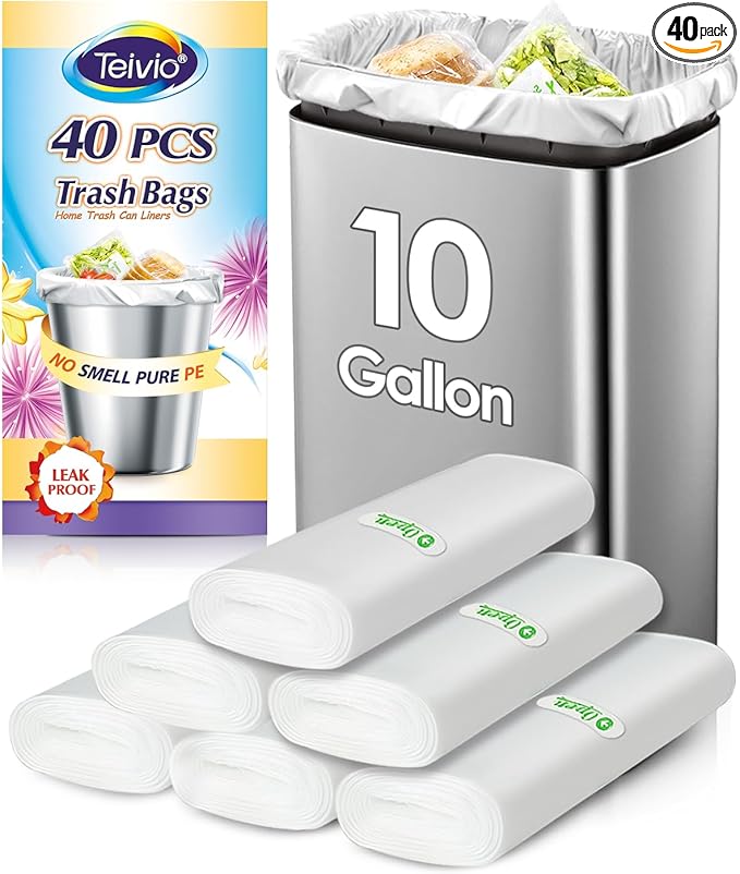 10 Gallon 40 Counts Medium Trash Bags Tall Kitchen Garbage Bags by Teivio, 9 Gallon 10 Gallon 11 Gallon,Bathroom Trash Can Bin Liners, Intended for Home,Plastic Bags for office kitchen, Clear