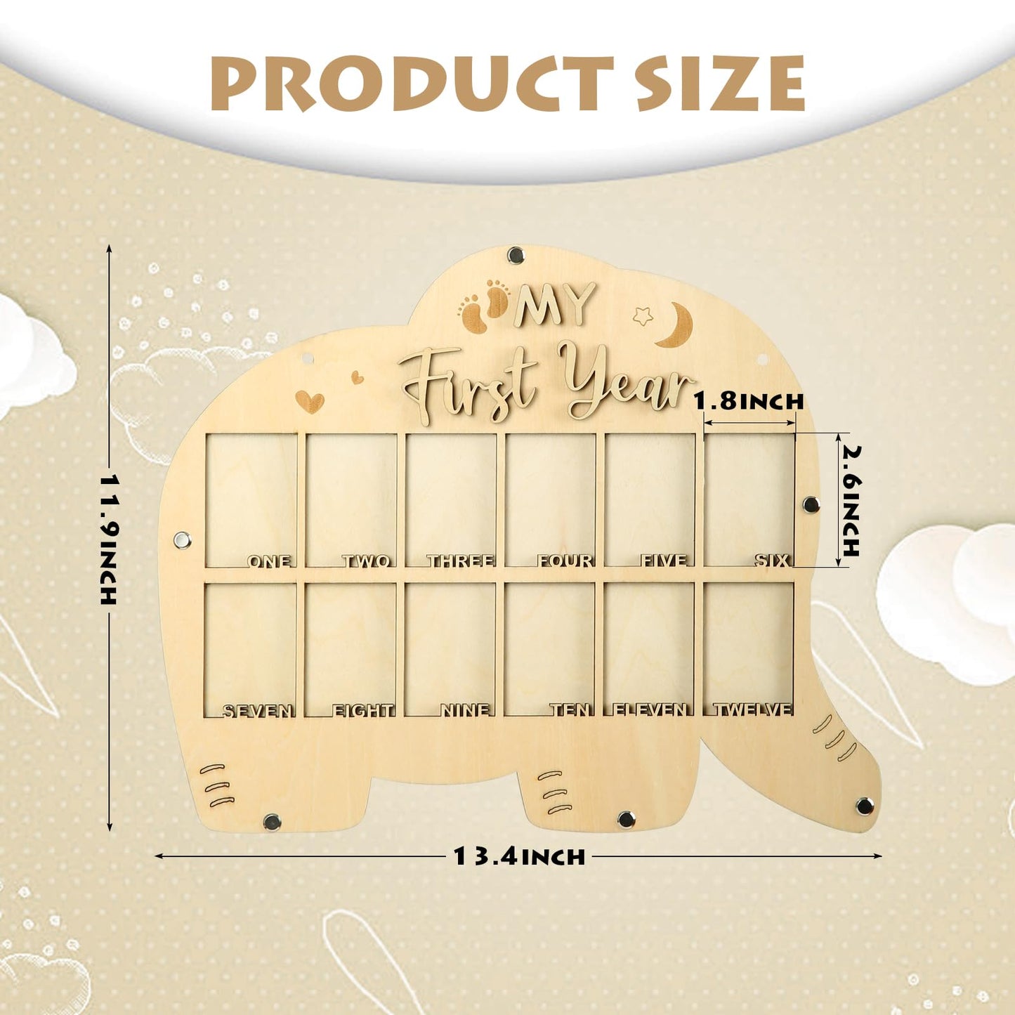 My First Year Picture Frame,One Year Of Photo Board, Baby's First Twelve Months Photo Collage and Gender Neutral Keepsake, Ideal for Baby Shower,New Mom Keepsake Gift and Nursery Decor - With Stand (Elephant sign)
