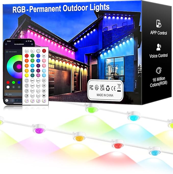 50FT Permanent Outdoor RGB Lights,IP67 Waterproof Smart LED Eaves Lights with App/Remote Control,for Christmas and All Holiday Decor,Daily and Accent Lighting,House Roof and Garden Lighting