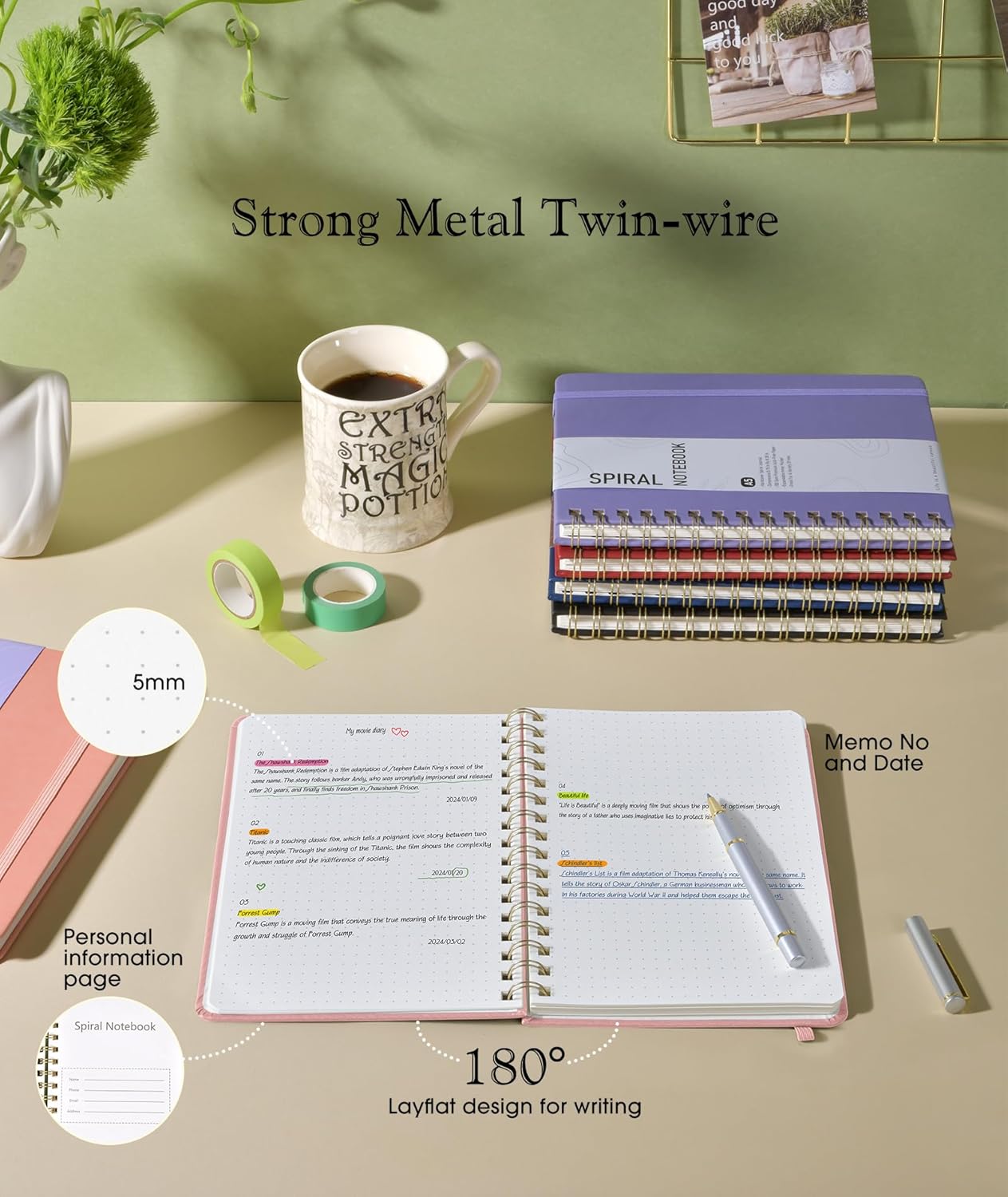 Dotted Spiral Journal Notebook, A5 Hardcover Spiral Journals for Women Men, 100 GSM Dot Grid Paper Notebooks, 150 Pages Spiral Bullet Dotted Notebook for Writing Note Taking 5.75" x 8.38", Blush Pink