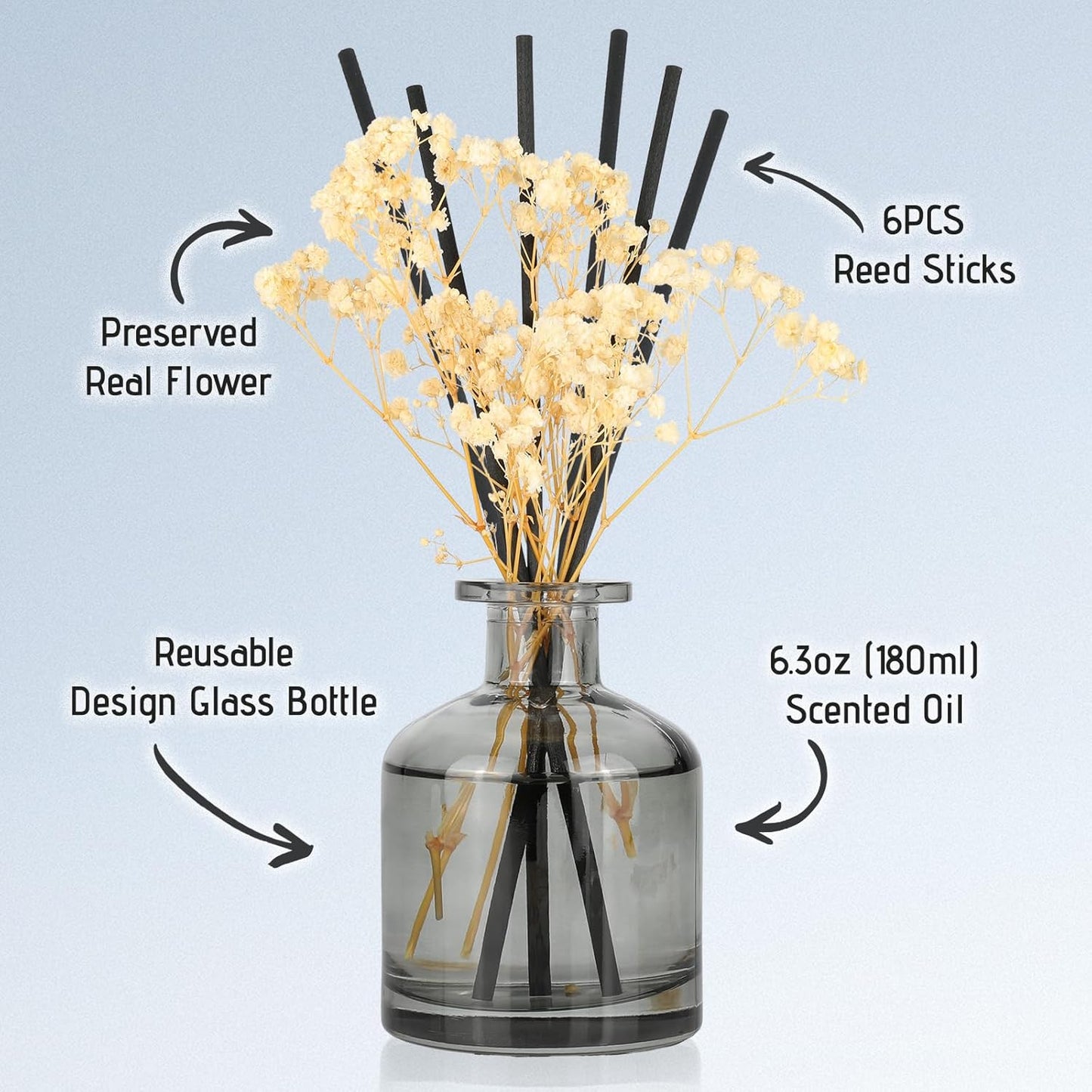 Brakula Reed Diffuser Set, 6.09 fl oz (180 ml)- White Jasmine with 8 Reed Sticks, Home Fragrance Reed Diffuser for Bathroom Shelf Decor