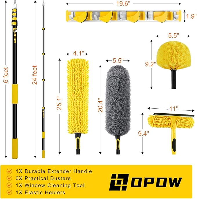 30 Foot High Ceiling Duster Kits with 7-24ft Heavy Duty Extension Pole, High Reach Duster for Cleaning,Microfiber Feather Duster,Cobweb Duster,Ceiling Fan Duster,Window Squeegee & Cleaner