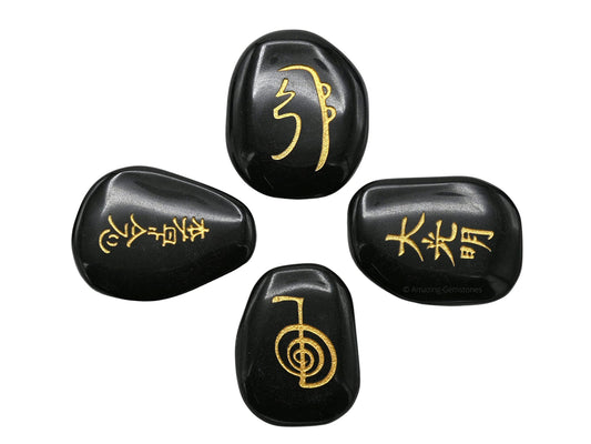 Amazing Gemstone Black Agate Crystal Reiki Stones with Engraved Symbols for Usui Reiki Healing, Set of 4 Pcs (Indian Handmade Reiki Gift Set)