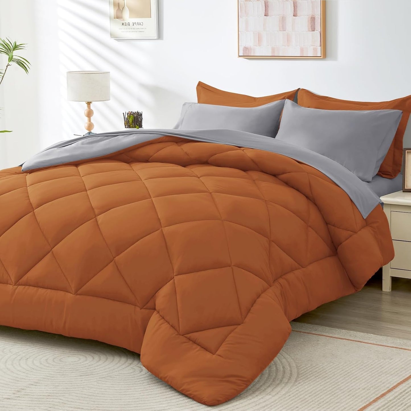 HEVUMYI Twin-XL Comforter Set - 5-Piece All Season Bed in a Bag Twin-XL, Ultra Soft Bedding Set with Comforter, Flat Sheet, Fitted Sheet, Pillowcases, Pillow Shams, Orange & Light Grey