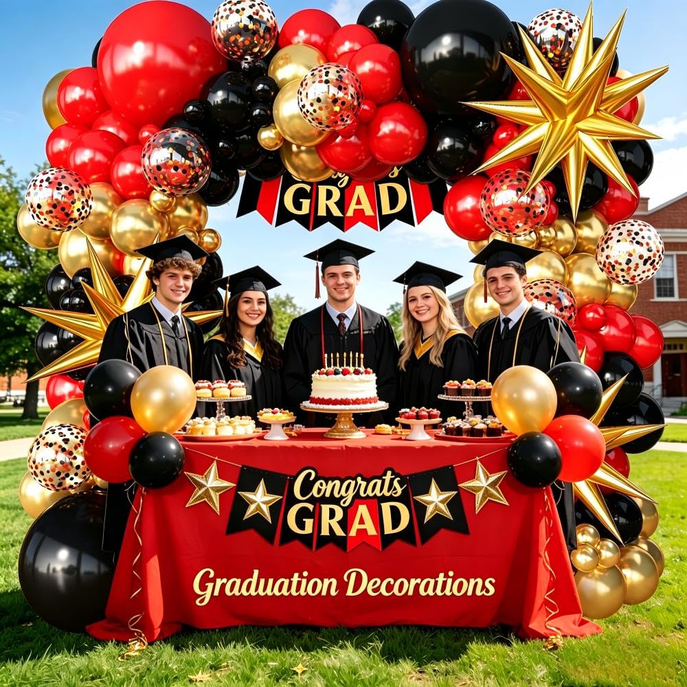 FYUVH Red Gold Black Balloons Arch Kit Garland for 2026 Graduation Decorations Grad Party Birthday Red Carpet Casino Theme Race Car Birthday Anniversary Party Decorations