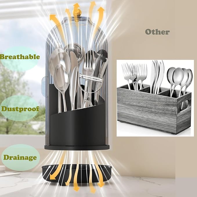 JEESA Utensil Holder with Lid, 360° Rotating Flatware Organizer for Cutlery Spoon Fork(H Less 8"), Silverware Caddy Organizer Drainage Dustproof Flatware Holder Kitchen Countertop Storage, Black