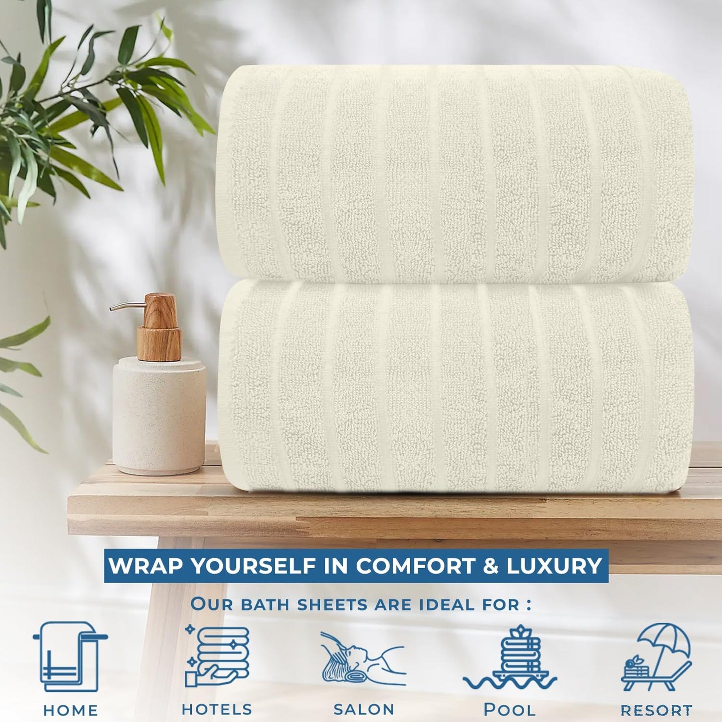 DAN RIVER Pack of 2 Bath Sheet 35x70 Inches, Extra Large Ribbed Quick Dry Bath Towels, Hotel Collection Towels for Adults - Ivory