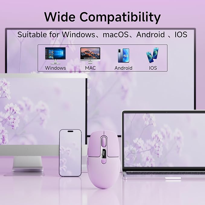 EWEADN Q1 Wireless Mouse, BT & 2.4G Silent Mouse Quiet Click with 1600 DPI Levels, Battery & DPI LED Screen Display, 6 Button Small Portable Bluetooth Mouse for Laptop/PC/Mac-Purple