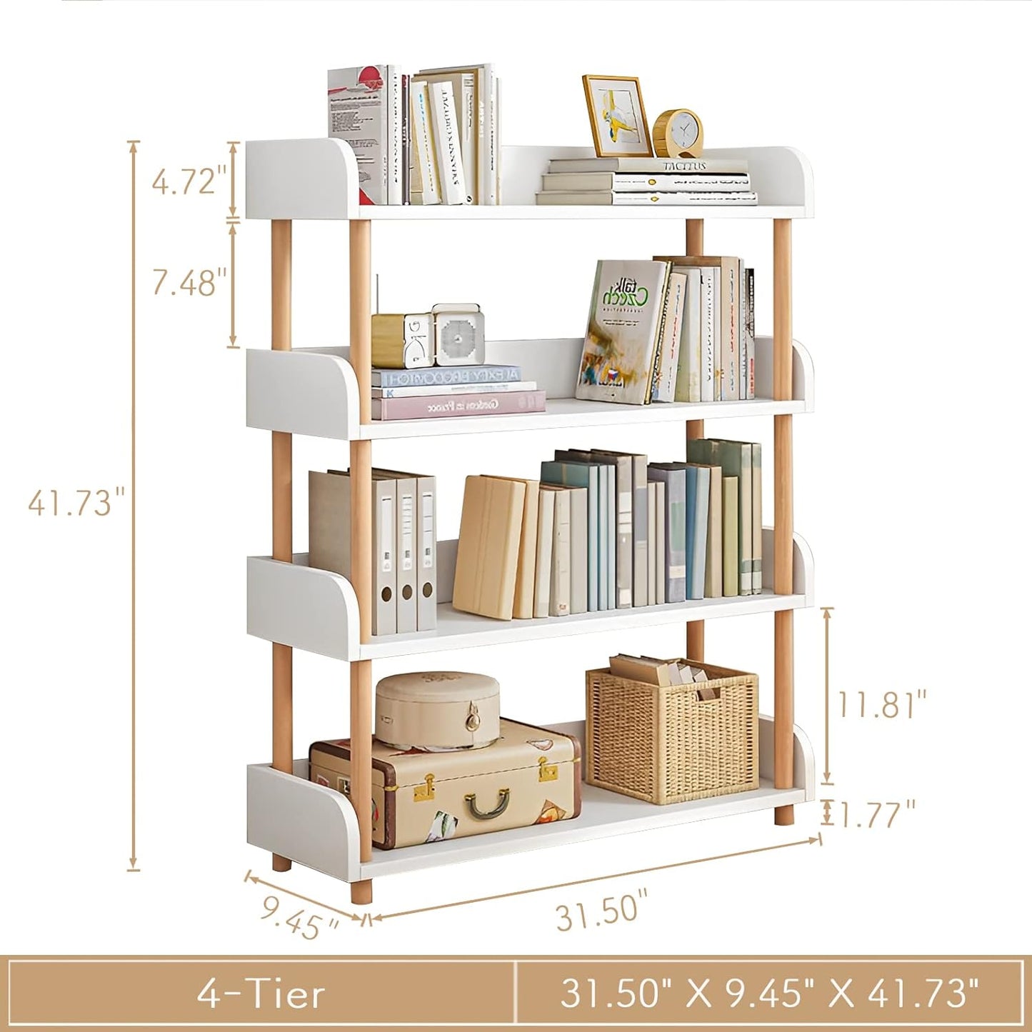 4-Tier Wooden Open Bookcase - Modern Display Bookshelf with Side Panels and Solid Wood Frame for Home and Office, Storage Cabinet, Warm White