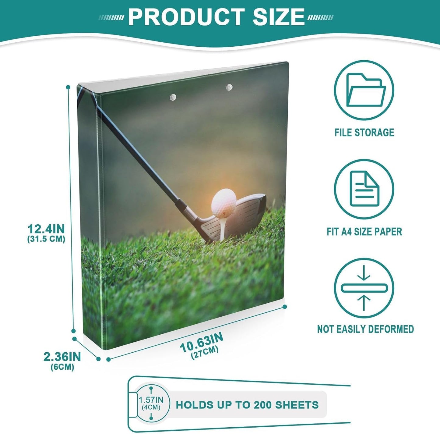 3 Ring Binder, Golf Theme Sport Ball 1.5 inch Round Ring Binder with 3 Inside Clear Pockets, Binders Organizer with Clipboard for Office Home School, Holds 200 Sheets, 1 Pack