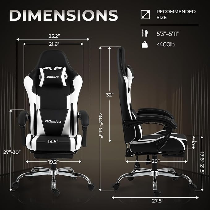 Dowinx Ergonomic Gaming Chair with Footrest, Heavy Duty 330lbs Office Chair, Massage Lumbar Support, Adjustable Height & Headrest Pillow, Comfortable for Back Pain Relief Streaming Long Gaming White