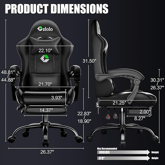 Gaming Chair with Footrest Racing Style Lumbar Support Massager Video Game Chair with Metal Legs, High Back Gamer Chair with Headrest, 360° Swivel Office Computer Desk Chair, Black