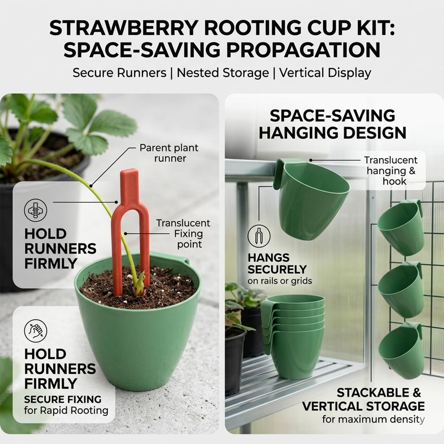 Strawberry Propagation Cups, Reusable Plastic Bare Root Growing Pots Hanging Transplant, 10 Cups & 20 Clips Set for Home Balcony Yard Growers (Small,10pcs)