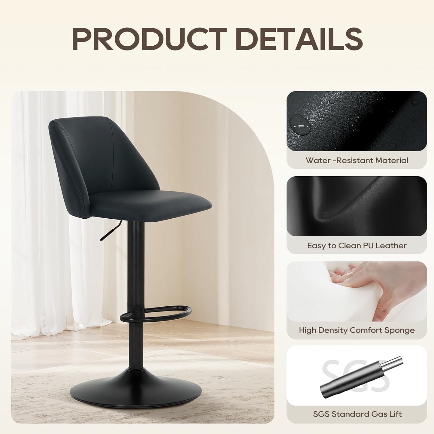 COLAMY Bar Stools Set of 3, Modern Swivel Bar Chairs, Adjustable PU Leather Upholstered Barstools Counter Height with Full Backrest for Bar, Dining Room, Kitchen Island, Black