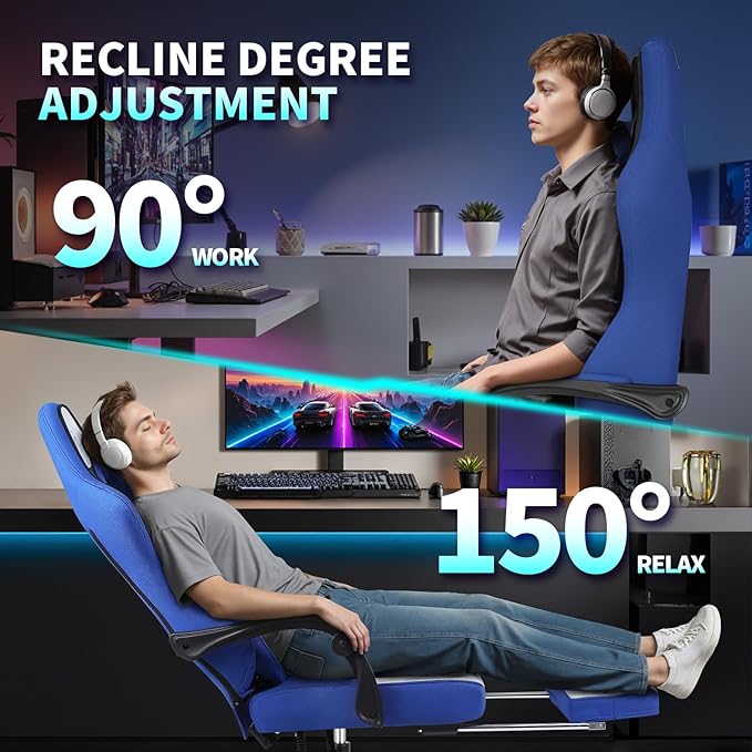 Gaming Chair, Ergonomic Computer Chair with Footrest, Big Tall PC Gamer Chair with Headrest and Massage Lumbar Support, 360° Swivel Height Adjustable Fabric Video Office Chairs for Adults (Blue)