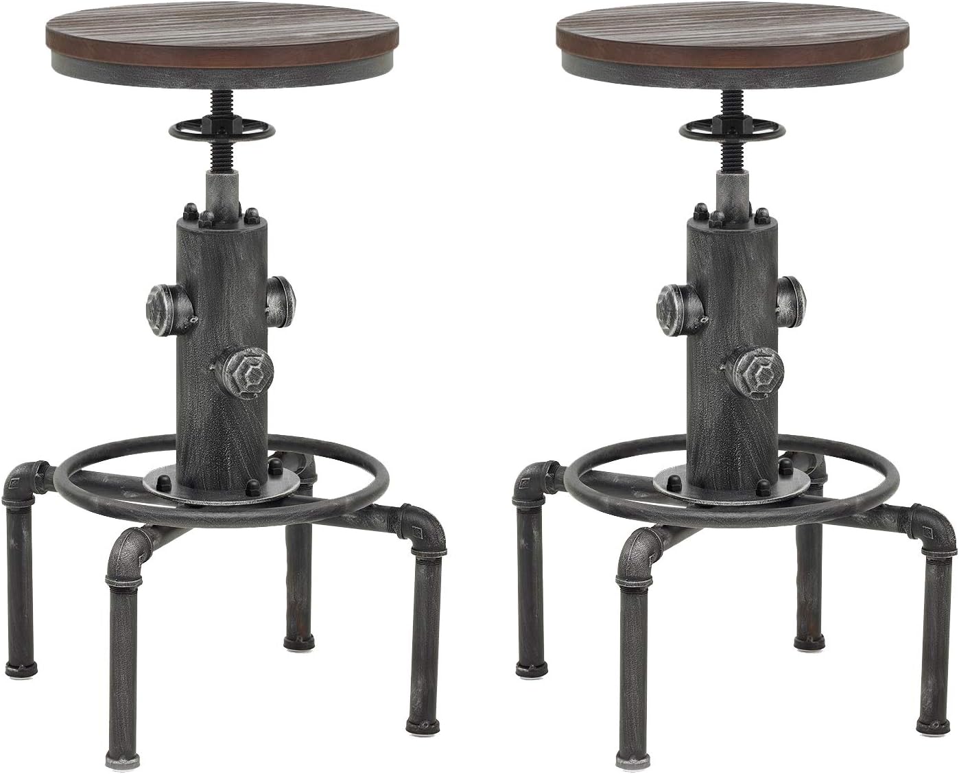 Topower Antique Vintage Industrial Barstool Solid Wood Water Pipe Fire Hydrant Design Cafe Coffee Industrial Bar Stool Set of 2 Silver