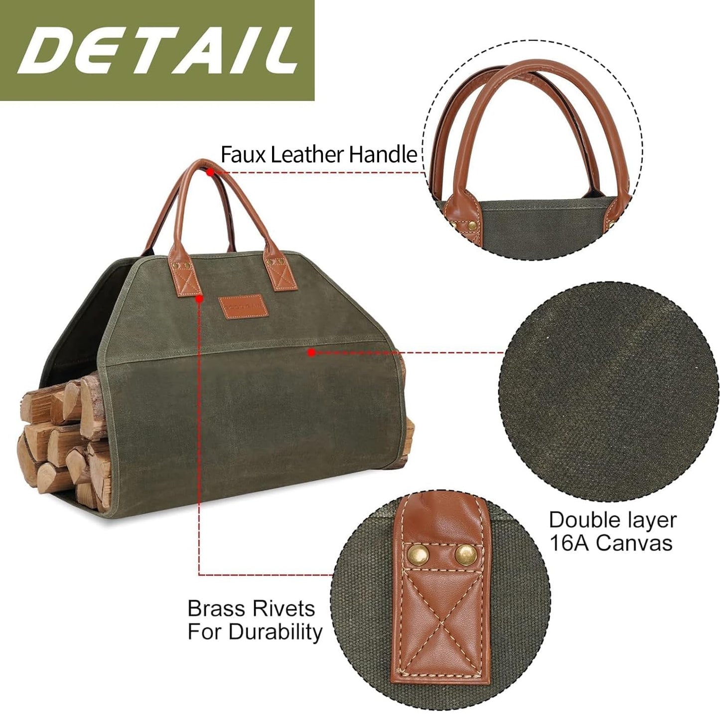 GOOD GAIN Firewood Carrier Waxed Canvas with Handles, Wood Carrier for Firewood, 36x18.5 Inch Heavy Duty Firewood Storage Tote, Fireplace Log Carrier Indoor Bag, Wood Stove Accessories. Green