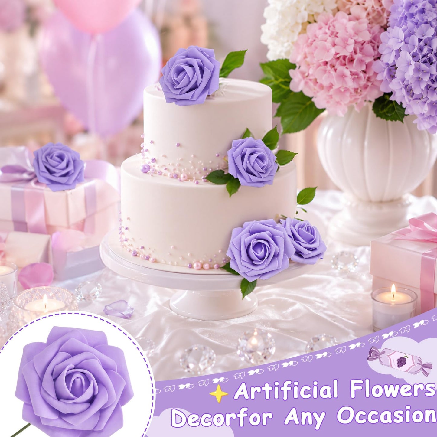 MACTING 2 Dozens 3.5 Inch Feeding Bottle Candy Box with 5Pcs Artificial Flower Rose for Baby Shower Favor Gift Decoration (Purple)