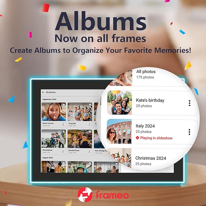 32GB FRAMEO 10.1 Inch WiFi Digital Photo Frame with Neon Light, 1280x800 HD IPS LCD Touch Screen, Auto-Rotate, 32GB Storage, Support USB Drive/SD Card Extend Storage, Share Moments via Frameo App