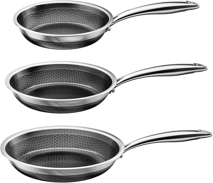 FogDream 3 Pcs Non Stick Frying Pans without Lids, 8, 10 & 12 Inch Stainless Steel Skillets, Tri-Ply Stainless Steel for All Cooktops, Dishwasher & Oven-Safe Cooking Pan, Stay-Cool Handle, Silver