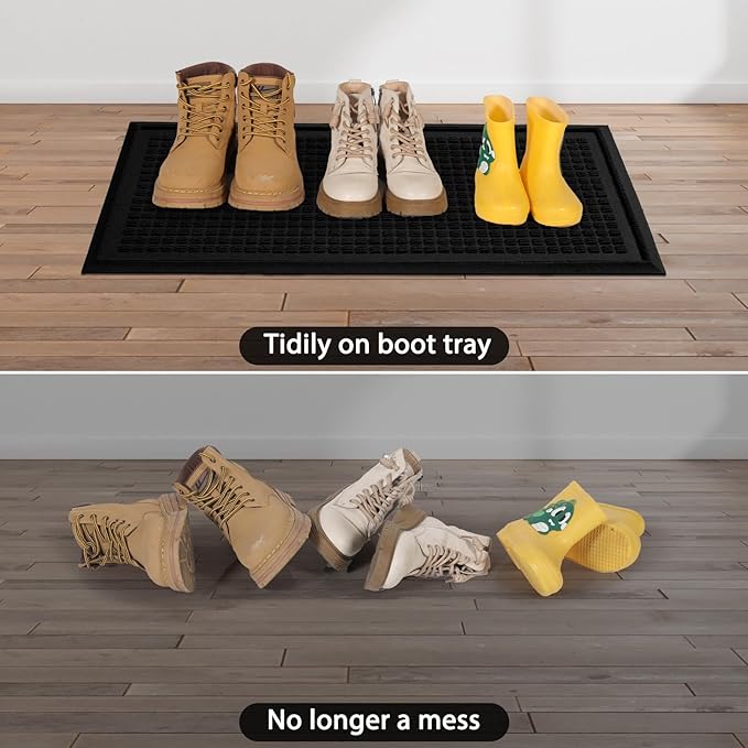 Boot Tray, Heavy Duty Waterproof Shoe Drying Mat, Non-Slip Entryway Tray for Muddy Boots, Indoor Outdoor Use, 15x30 inches, Black