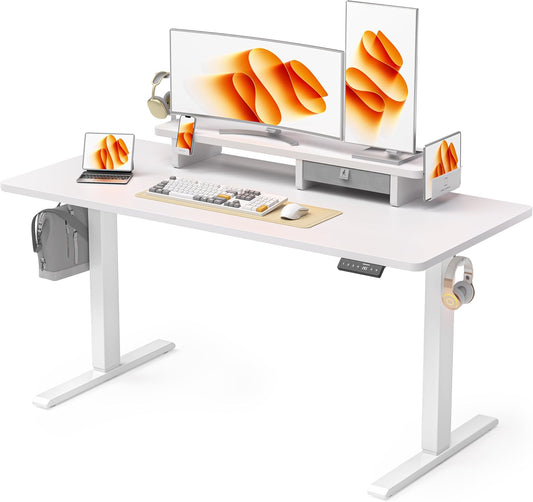 55x24 Inches Electric Standing Desk With Drawer and Monitor Stand, Height Adjustable for Home Office, Ergonomic Sit to Stand With Phone Holder, 3 Hooks, White
