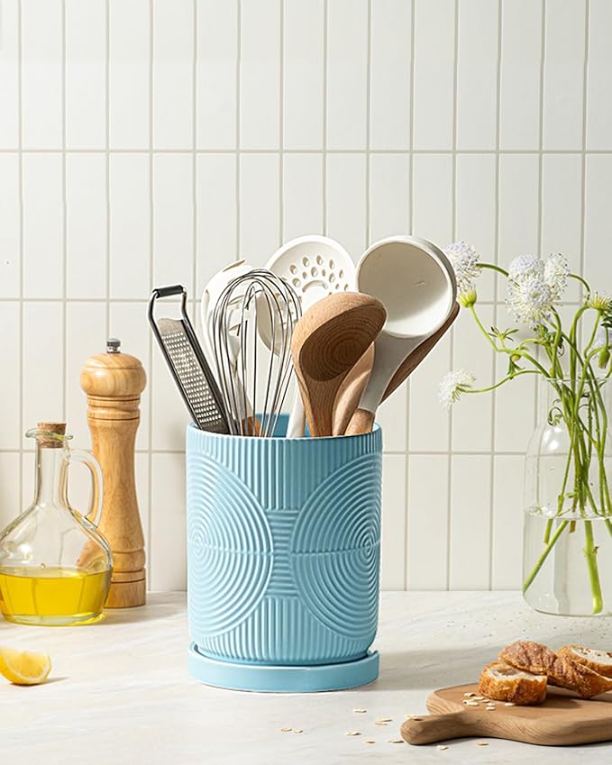 Utensil Holder, 7.2" Kitchen Utensil Holder for Counter, 2-in-1 Ceramic Cooking Utensils Holders with Spoon Rest, Utensil Crock for Spatula, Ideal Housewarming Gift(Blue)