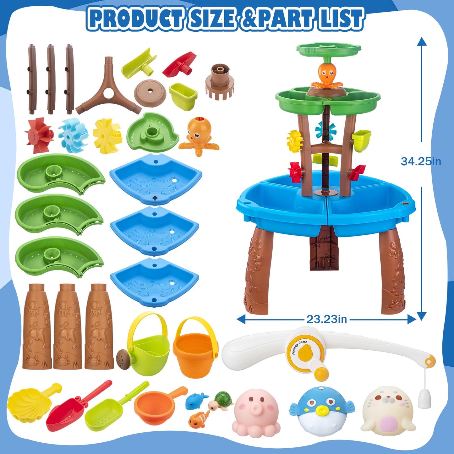 VROGTIK Water Table for Toddlers with Fishing Game Set 3-Tier Kids Sand Water Table Sensory Outdoor Toys for Kids Ages 4-8 Summer Beach Outside Toys Backyard for Kids Toddlers Age 3 4 5 6 7 8 9 10