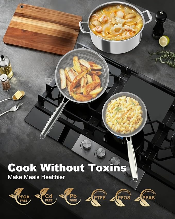 FogDream 5 Pcs Stainless Steel Cookware Set, 9.5in Non Stick Frying Pan, 5-Quart Soup Pot & 2.3-Quart Sauce Pan with 2 Lids, Stay-Cool Handles, Dishwasher & Oven-Safe, Induction Compatible, Silver