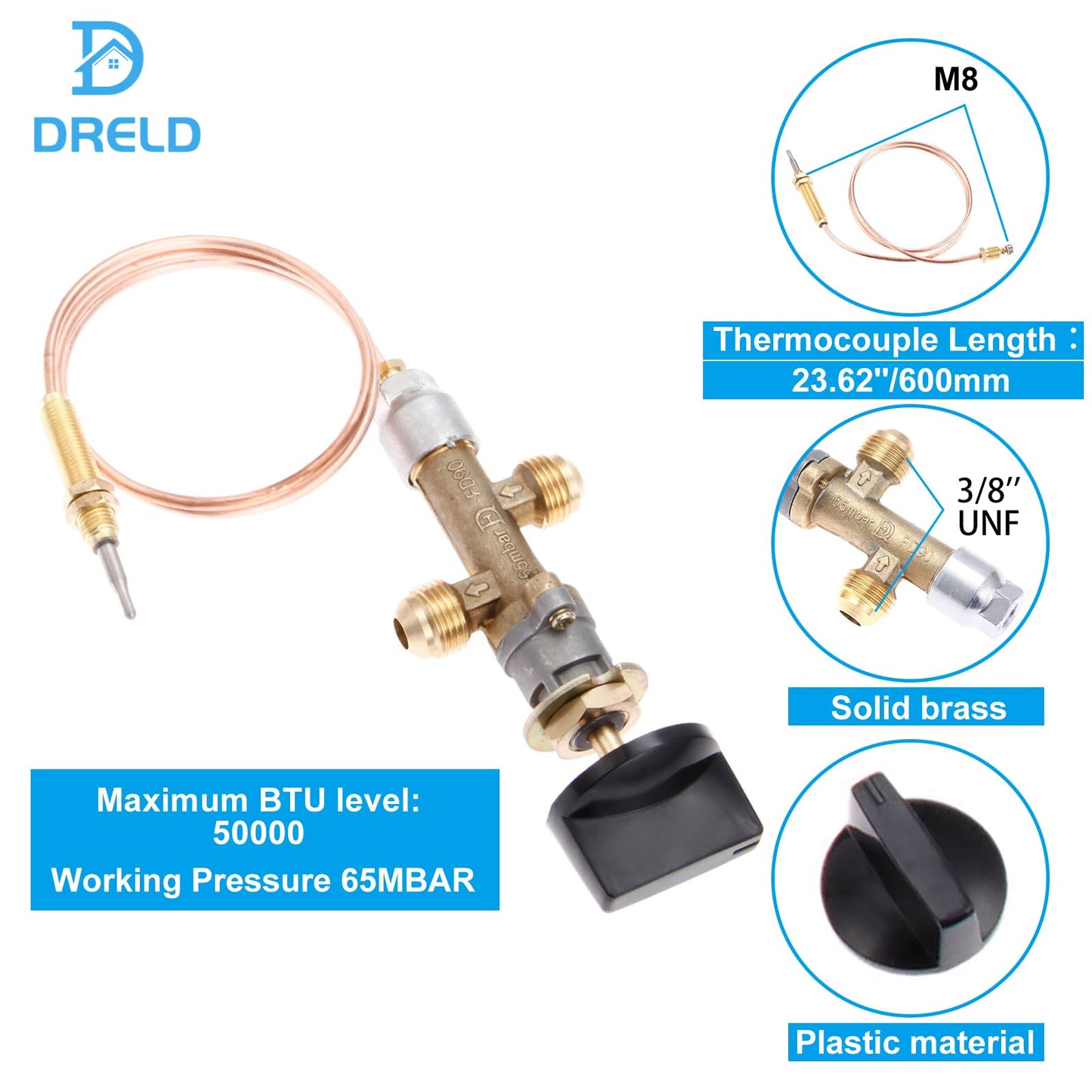 DRELD Propane Gas Fire Pit Fireplace Valve Control System Kit Assembly - Flame Failure Control Valve, Whistle Free Gas, LP Propane Hose with Regulator (Max 50,000 BTU)