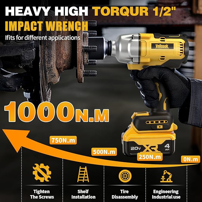 Cordless Impact Wrench 1/2 inch for Dewalt 20V Battery, 1000N.m Impact Driver High Torque Brushless Electric Impact Gun Includes LED Work Light for Car/Truck RV/Mower (NO Battery/Charger)