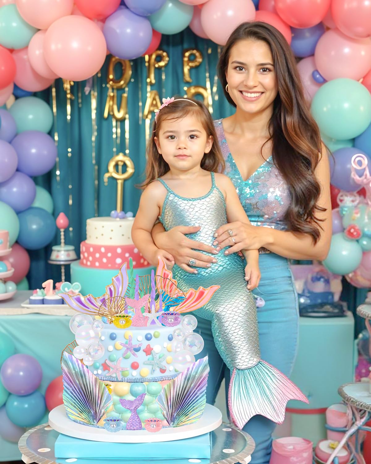 Glavatrix Mermaid Cake Toppers, 40-Piece Under the Sea Cake Decor Set, Seaweed, Bubbles, Tails, Starfish, Shells, Origami, Golden Ginkgo Leaves, for Birthday Mermaid Theme Party Supplies