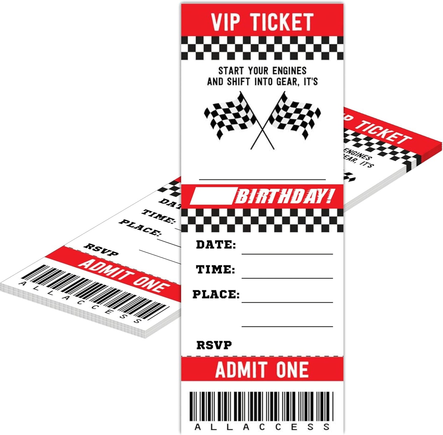 Start Your Engines Birthday Invitation with Envelopes-20 Racing Ticket Invite Cards for Racing Lovers Boys-Black and Red Birthday Cards-Party Favor & Supplies (3×8 inch)-A29