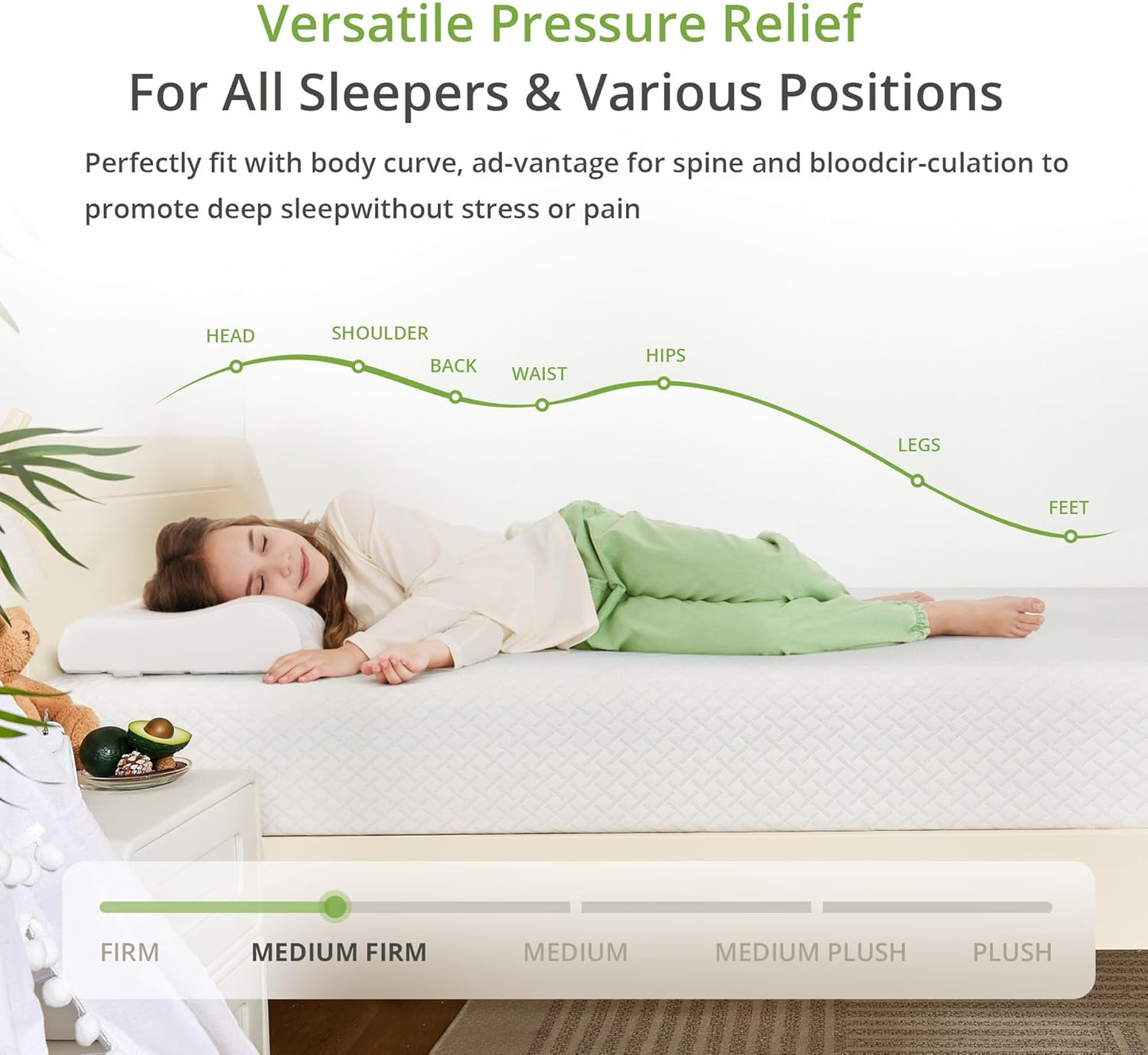5 Inch Twin Mattress for Kids, Memory Foam Mattress with Cooling Green Tea Gel, Relieve Pressure with Medium Firm Support, CertiPUR-US Certified, 75''L x 38''W, White