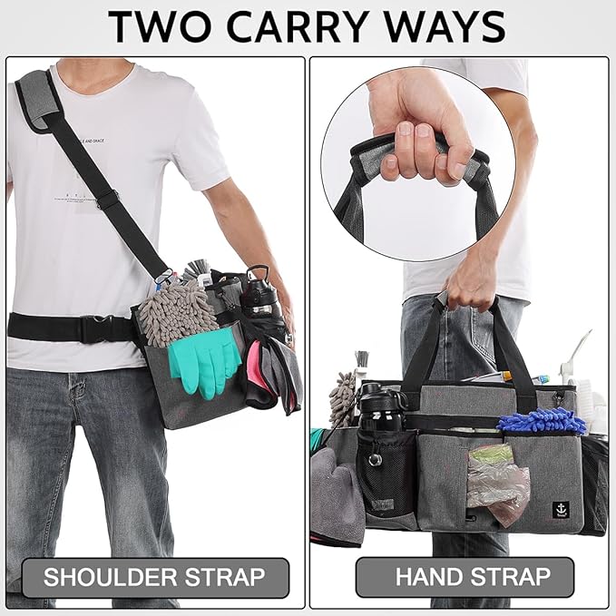 Large Cleaning Caddy Bag Built-in Sturdy Support Board, Cleaning Organizer with Detachable Divider, Cleaning Supply Tote with Adjustable Shoulder Strap&Waist Belt for Cleaners & Housekeeper