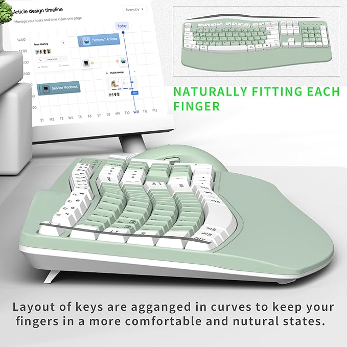 Wireless Keyboard and Mouse Combo,2.4G Full Size Wave Keys Ergonomic Keyboard with Wrist Rest for Natural Typing, 3 DPI Adjustable Ergonomic Mouse for Computer/Laptop/Windows/Mac (Avocado Green-A)