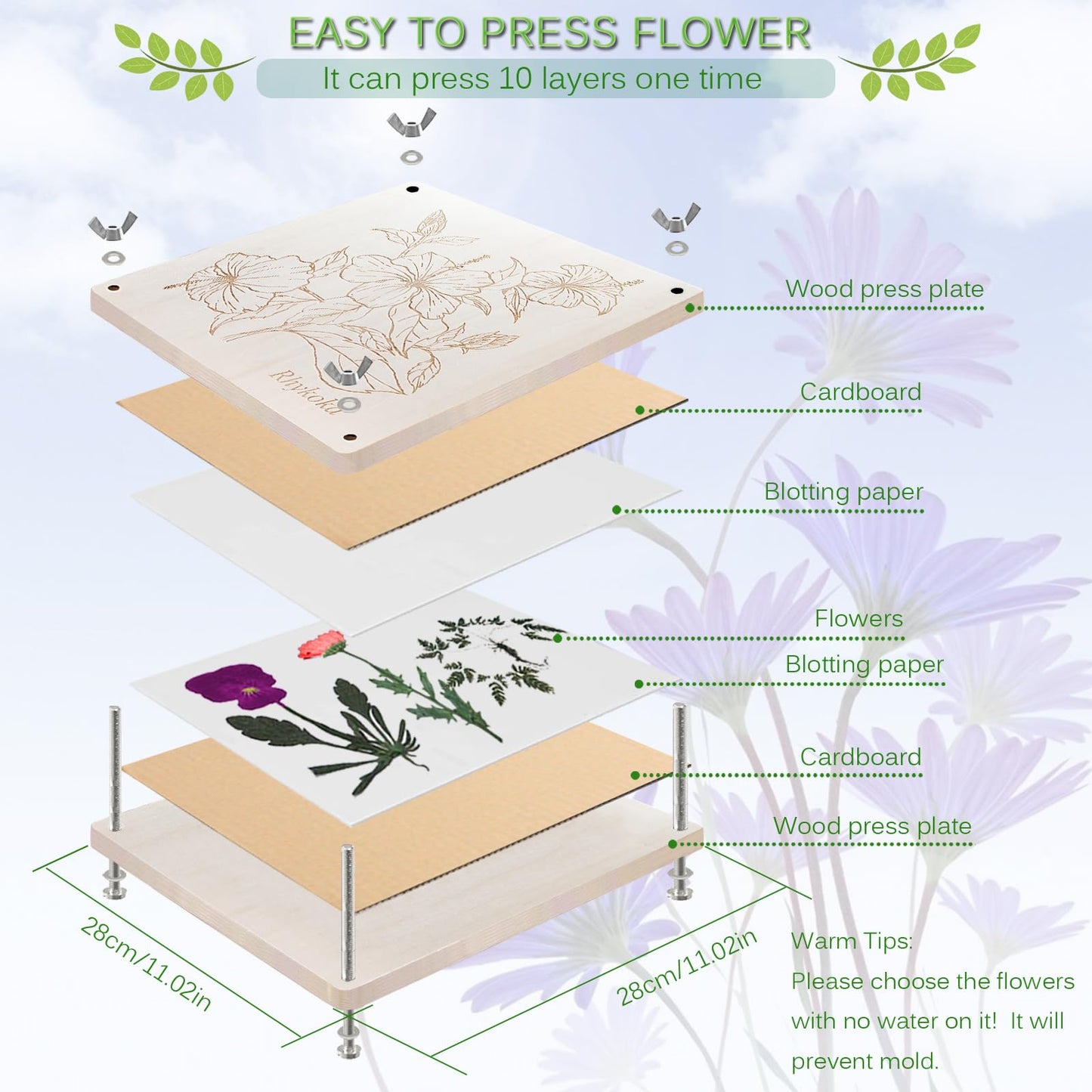 Rhykoka Large Flower Press,11x11 inch (28x28cm) 10 Layers Wooden Flower Pressing Kit for Adults with Storage Bag, Great Gift for DIY Flower Lovers (Wooden)
