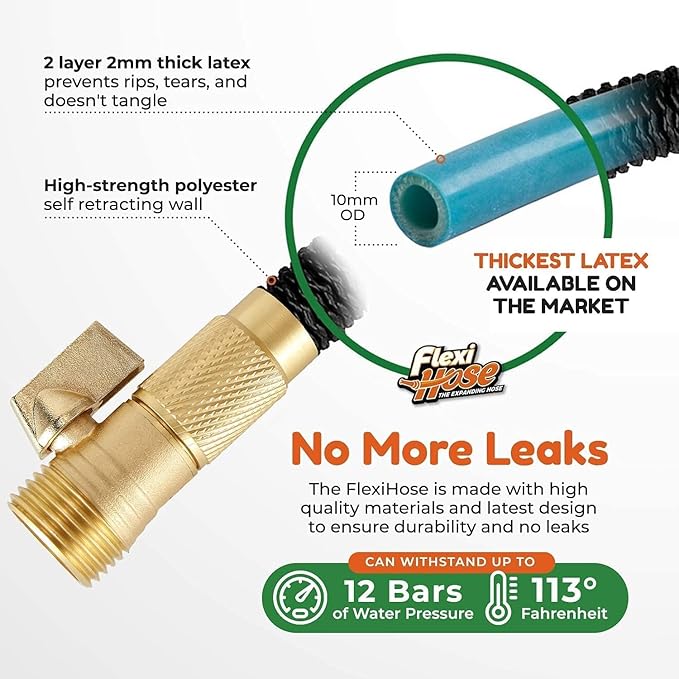 Flexi Hose Expandable Garden Hose with 8 Function Nozzle, 50FT - Lightweight Retractable Garden Hose, Water Hose - No-Kink Flexibility, 3/4 Inch Solid Brass Fittings and Double Latex Core
