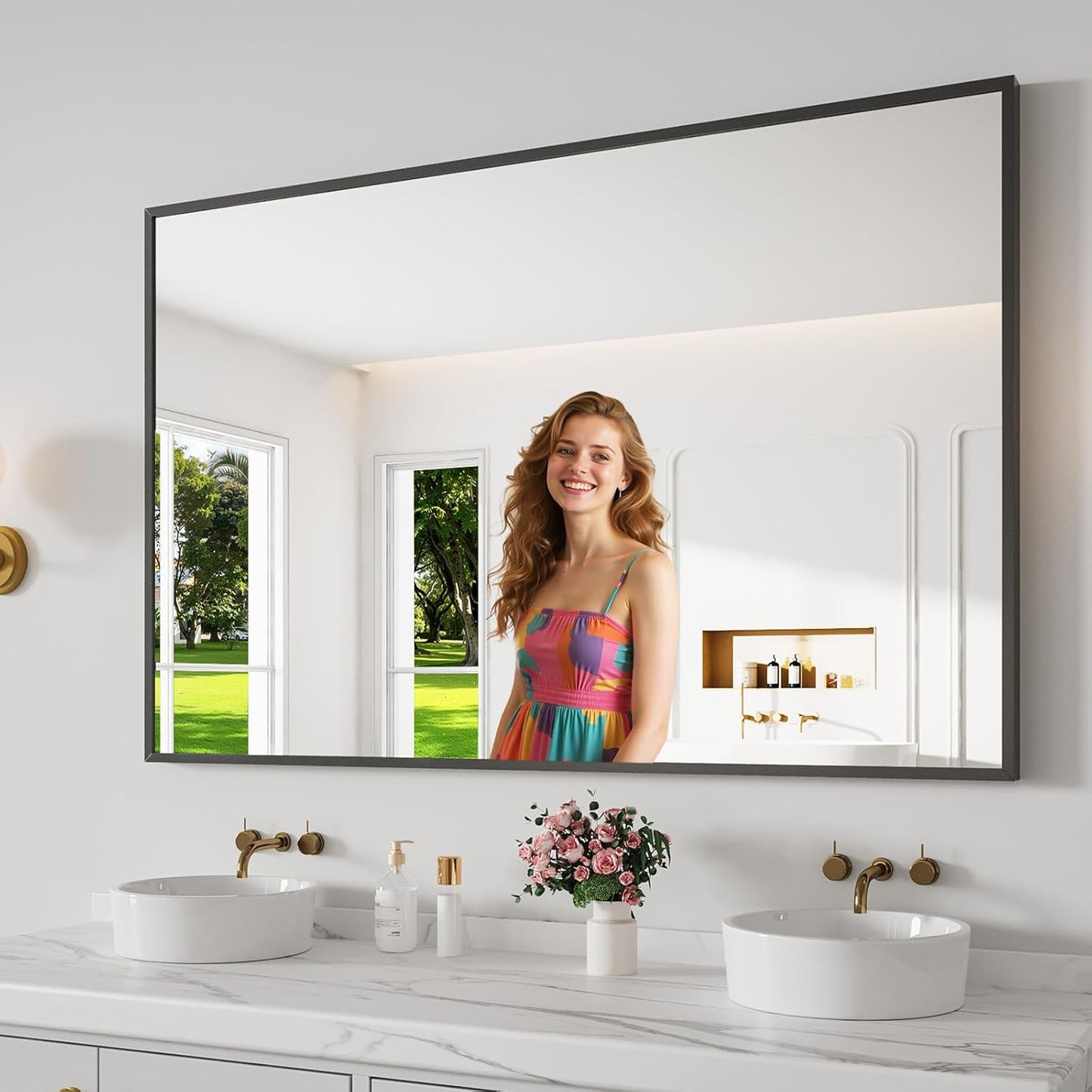 Koonmi Bathroom Mirror 36x55 Bathroom Wall-Mounted Mirrors, Modern Vanity Mirror for Bedroom, Living Room, Aluminum Alloy Frame Allow to Hang Horizontally or Vertically