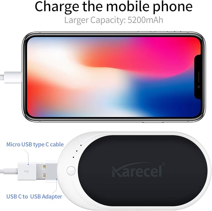 Karecel Hand Warmer Rechargeable, 5200mAh Electric Hand Warmer & Power Bank, Double-Sided Heating, USB Quick Charge, Portable Pocket Heater Handwarmer for Women Mens Gifts, Camping, Winter Sports
