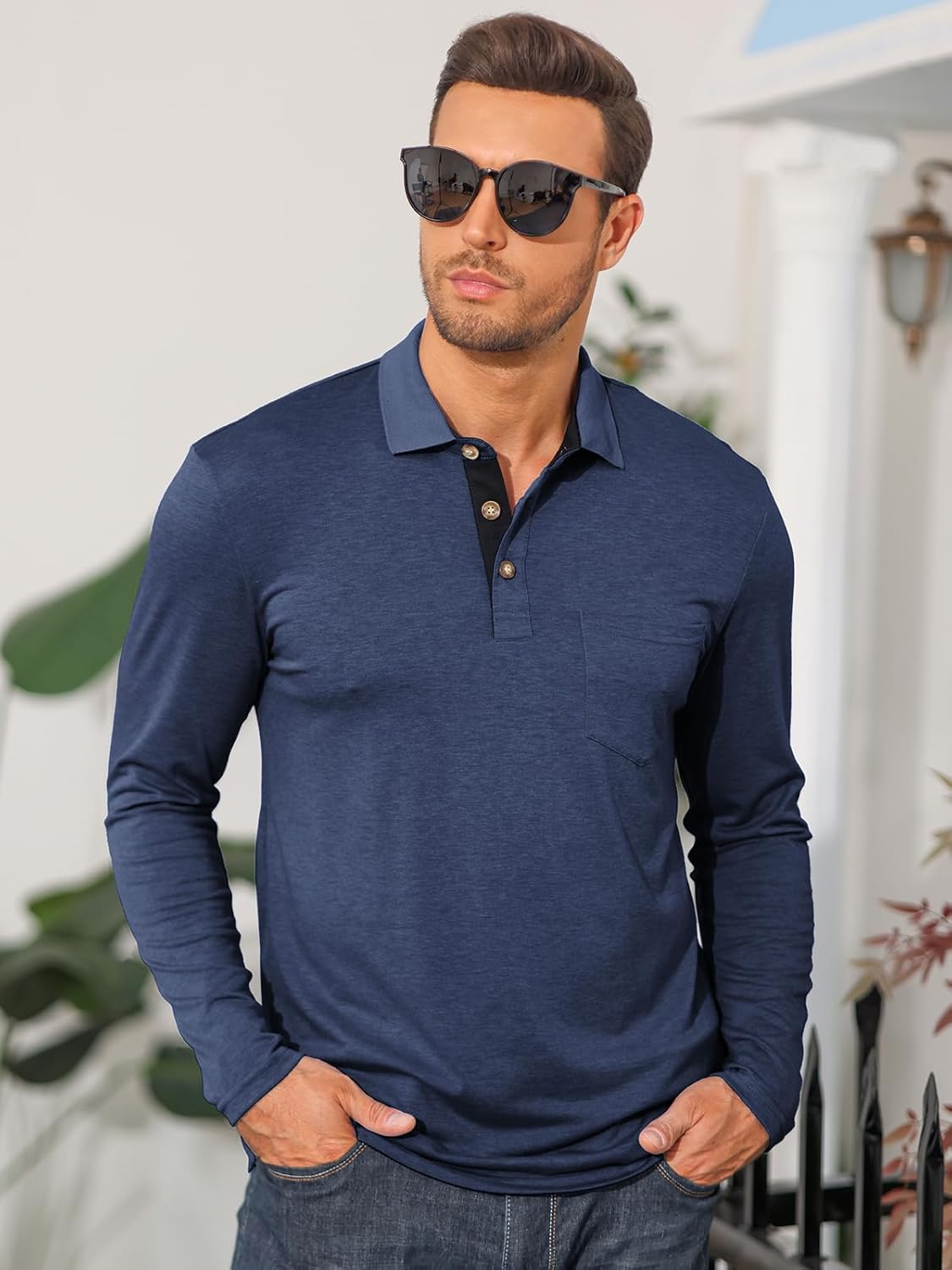 Mens Long Sleeve Polo Shirts Casual Moisture Wicking Golf Polo Shirts with Pocket