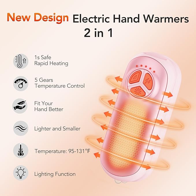 Upgraded Hand Warmers Rechargeable 2 Pack, AI Electric Hand Warmers, Portable Heater, 1s Safe Rapid Heat, 5 Gears Temperature Control, for Hunting, Camping, Hiking, Outdoor