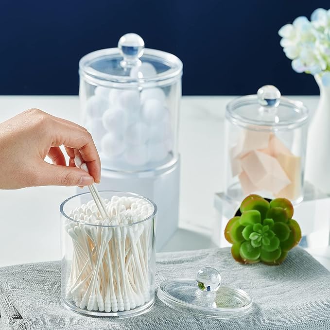 SheeChung 4 Pack. Plastic Acrylic Bathroom Vanity Countertop Canister Jars with Storage Lid, Apothecary Jars Qtip Holder Makeup Organizer for Cotton Balls,Swabs,Pads,Bath Salts (Clear, 12oz&10oz)