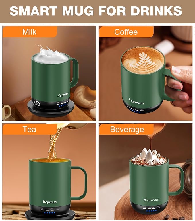 Kepwam Self Heating Coffee Mug T1-16oz Fast Heating & Ultra Long-Lasting Battery Life, Heated Coffee Mug Up to 149℉ - Touch & App Controlled Coffee Mug, Birthday Gifts for Women and Men