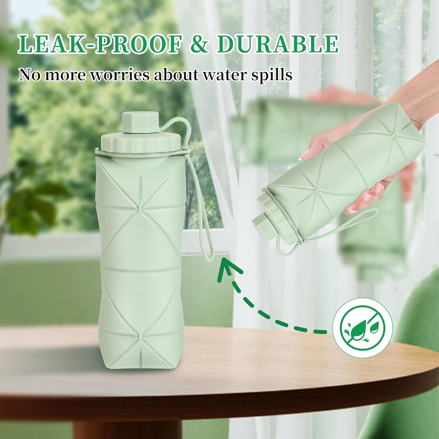 YCT Collapsible Silicone Travel Water Bottle 20oz (600ml), Reuseable Leakproof BPA Free Foldable Sports Bottle, with Carrying Strap, Pink + Green