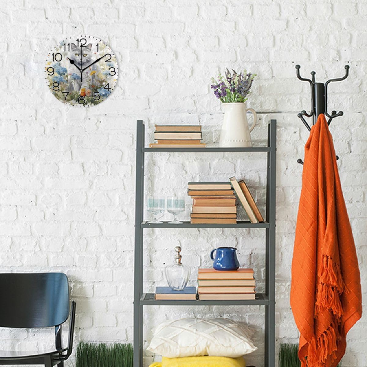 Cat with Spring Flowers Wall Clock Battery Operated Non Ticking Silent Quartz Analog Rustic Farmhouse Round Clock Retro Decor for Home Kitchen Living Room Bathroom