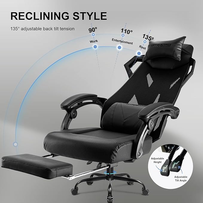 GTRACING Gaming Chair, Computer Chair with Mesh Back, Ergonomic Gaming Chair with Footrest, Reclining Gamer Chair with Adjustable Headrest and Lumbar Support for Gaming and Office (Black)